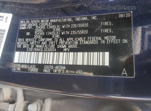5TDFZRAH3LS030054 2020 TOYOTA HIGHLANDER Blue Vista interior de 360 grados