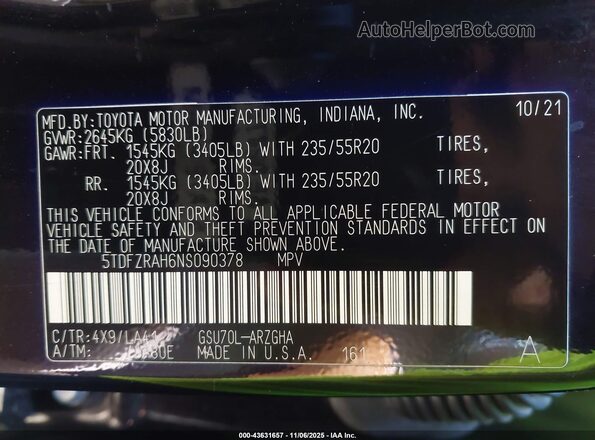 5TDFZRAH6NS090378 2022 TOYOTA HIGHLANDER Бордовый Вид подкапотного пространства