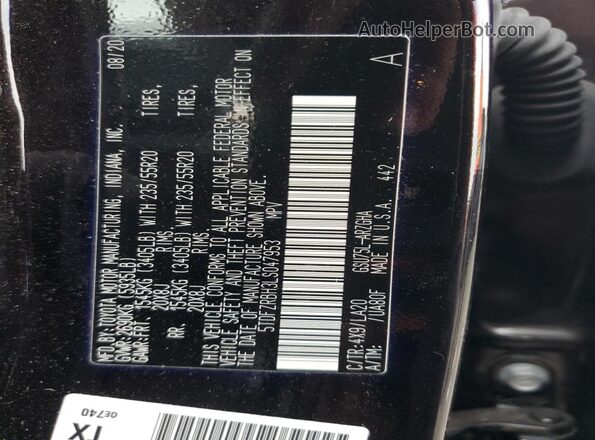 5TDFZRBH3LS047953 2020 TOYOTA HIGHLANDER Black 360 interior view
