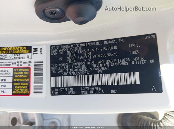 5TDGZRAH3LS502547 2020 TOYOTA LE White Вид підкапотного простору