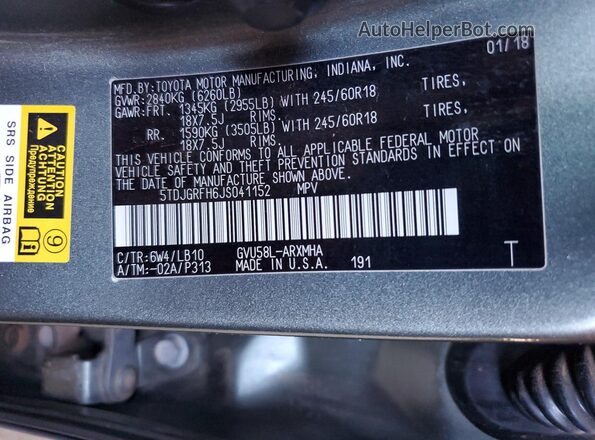 5TDJGRFH6JS041152 2018 TOYOTA HIGHLANDER HYBRID Зеленый 