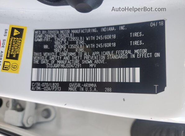 5TDJGRFH6JS047291 2018 TOYOTA HIGHLANDER HYBRID White 
