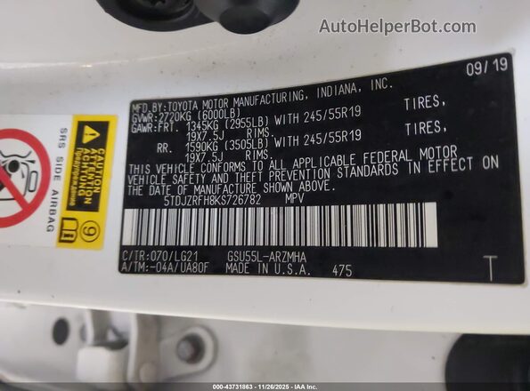 5TDJZRFH8KS726782 2019 TOYOTA HIGHLANDER White Vista del compartimento del motor