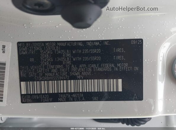 5TDKDRBHXSS594472 2025 TOYOTA HIGHLANDER White ძრავის განყოფილების ხედი