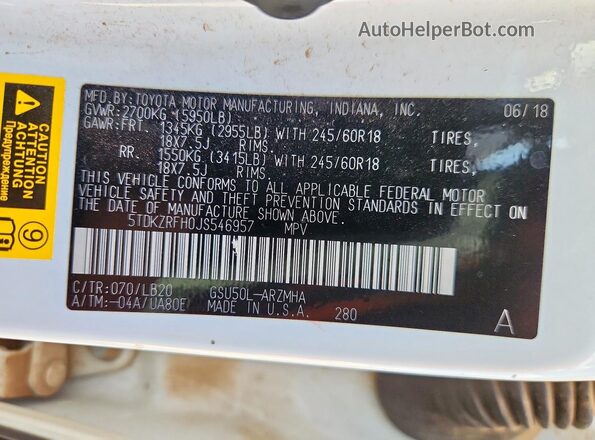 5TDKZRFH0JS546957 2018 TOYOTA HIGHLANDER White 