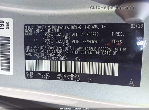 5TDXRKECXPS156623 2023 TOYOTA SIENNA Silver Vista de la etiqueta del VIN