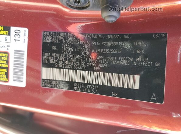 5TDXZ3DC5LS043700 2020 TOYOTA SIENNA Red Widok naklejki z numerem VIN