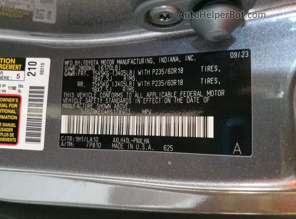 5TDZRKEC4PS178903 2023 TOYOTA LIMITED Gray VIN sticker view