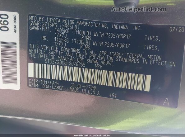 5TDZZ3DC8LS078255 2020 TOYOTA SIENNA Gray Vista del compartimento del motor