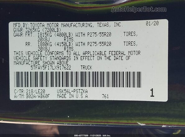 5TFAY5F17LX917622 2020 TOYOTA TUNDRA Black Engine compartment view