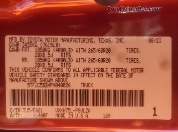 5TFJC5DBXPX040026 2023 TOYOTA LIMITED Red VIN sticker view