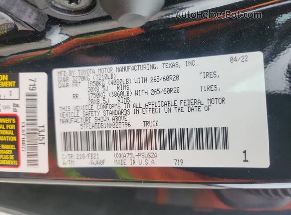 5TFLA5DB1NX025796 2022 TOYOTA TUNDRA Черный Вид подкапотного пространства