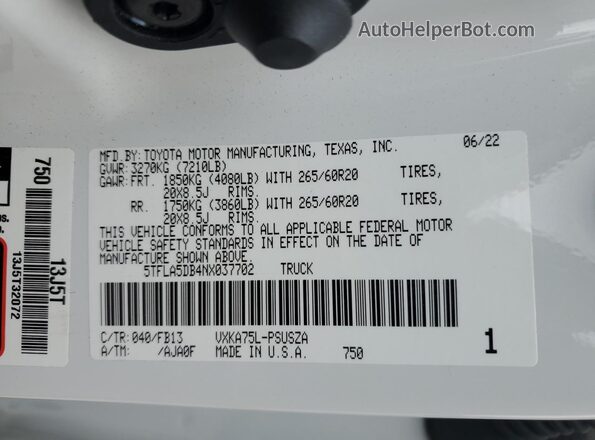 5TFLA5DB4NX037702 2022 TOYOTA TUNDRA Белый Вид подкапотного пространства
