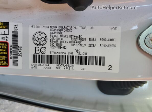 5TFMC5DB6PX018747 2023 TOYOTA TUNDRA White VIN კოდის სტიკერის ხედი
