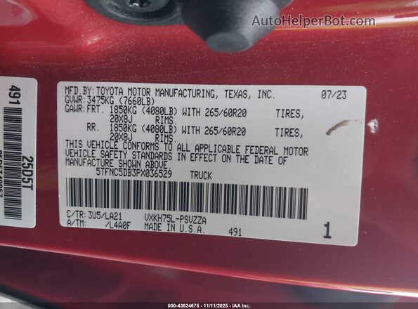 5TFNC5DB3PX036529 2023 TOYOTA TUNDRA HYBRID Красный Вид подкапотного пространства