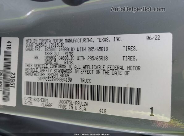 5TFPC5DB9NX004190 2022 TOYOTA TUNDRA HYBRID Gray 