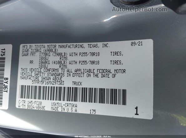 5TFRY5F16MX297303 2021 TOYOTA TUNDRA Gray ძრავის განყოფილების ხედი