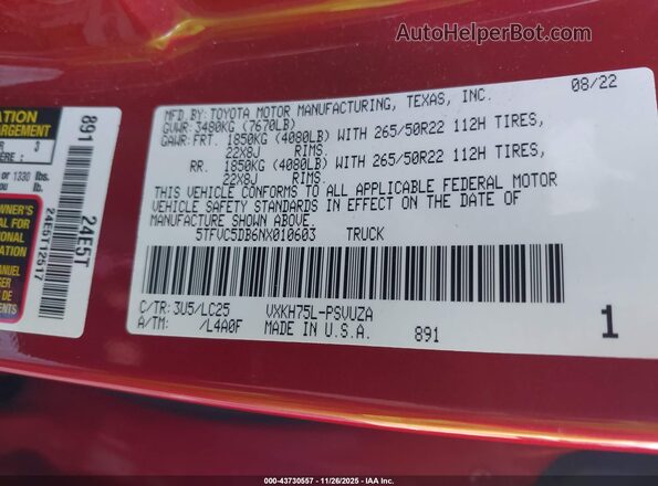 5TFVC5DB6NX010603 2022 TOYOTA TUNDRA HYBRID Red 