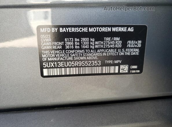 5UX13EU05R9S52353 2024 BMW X5 Gray სალონის 360-გრადუსიანი ხედი