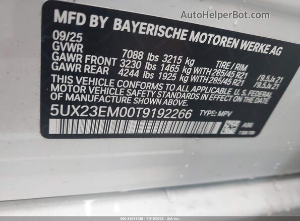 5UX23EM00T9192266 2026 BMW X7 White 