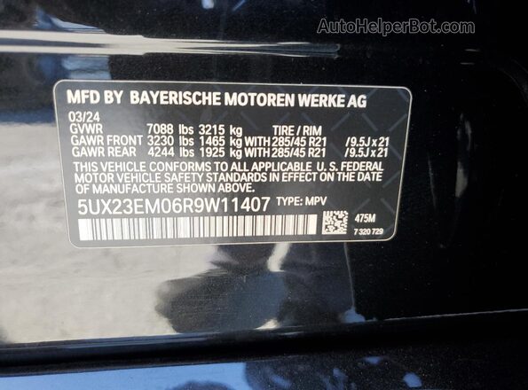 5UX23EM06R9W11407 2024 BMW X7 Черный Вид наклейки с VIN-кодом