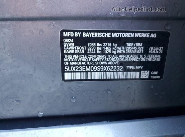 5UX23EM09S9X62232 2025 BMW X7 Gray Вид наклейки з VIN-кодом