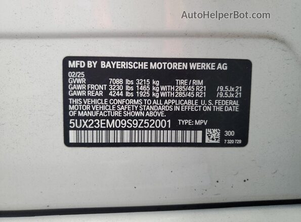 5UX23EM09S9Z52001 2025 BMW X7 White VIN sticker view
