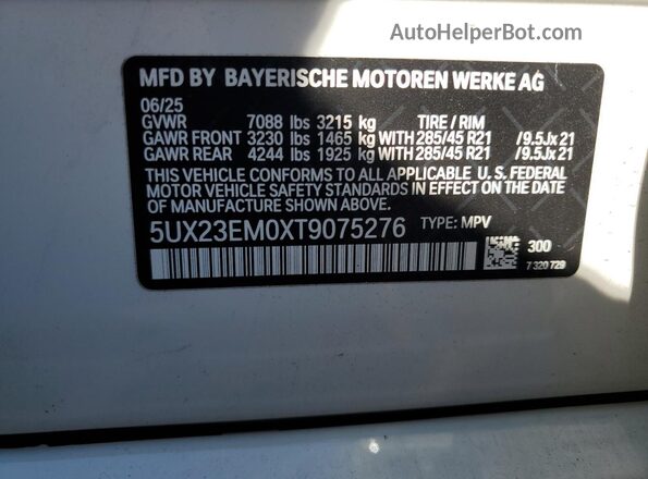 5UX23EM0XT9075276 2026 BMW X7 Белый Вид наклейки с VIN-кодом