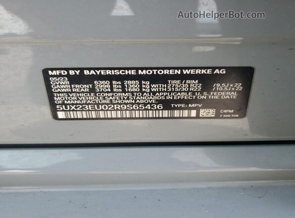 5UX23EU02R9S65436 2024 BMW X5 Gray Vista de la etiqueta del VIN