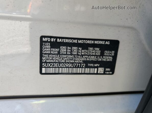5UX23EU02R9U77172 2024 BMW X5 White Вид наклейки з VIN-кодом