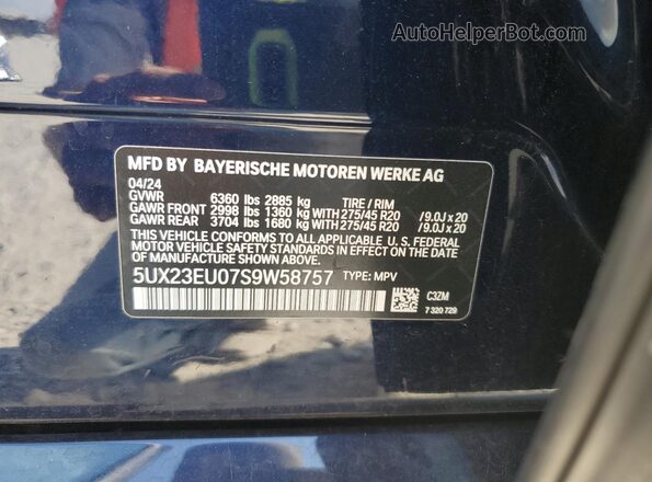 5UX23EU07S9W58757 2025 BMW X5 Blue Вид наклейки з VIN-кодом