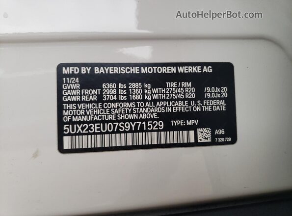 5UX23EU07S9Y71529 2025 BMW X5 White Vista de la etiqueta del VIN