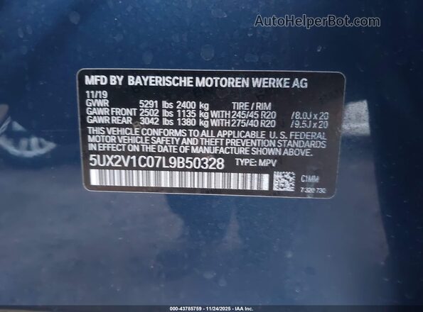 5UX2V1C07L9B50328 2020 BMW X4 Blue Շարժիչի բաժամունքի տեսք