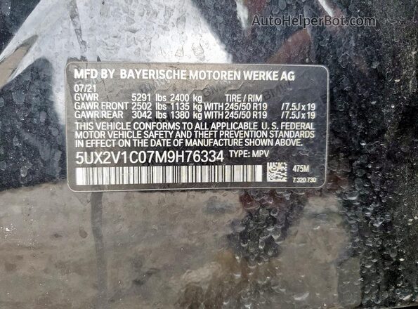 5UX2V1C07M9H76334 2021 BMW X4 Black Vista de la etiqueta del VIN