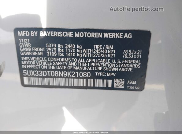 5UX33DT08N9K21080 2022 BMW X4 White Engine compartment view