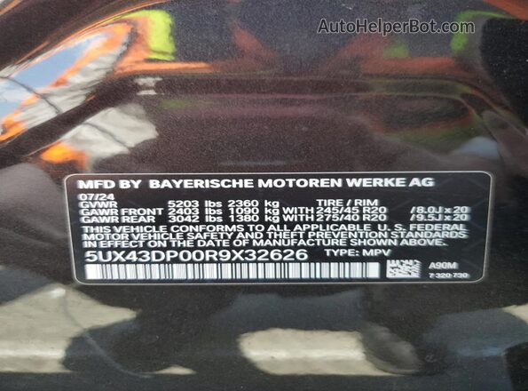 5UX43DP00R9X32626 2024 BMW X3 Gray VIN sticker view