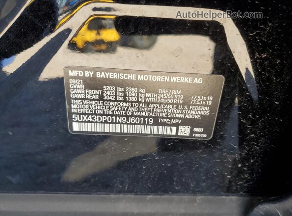 5UX43DP01N9J60119 2022 BMW X3 Black VIN sticker view