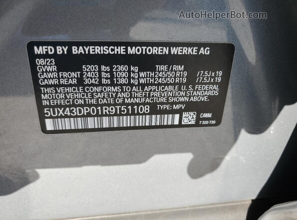 5UX43DP01R9T51108 2024 BMW X3 Gray VIN sticker view
