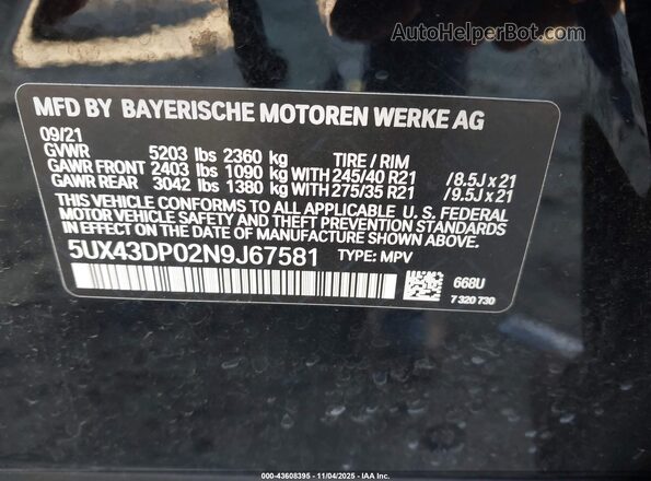 5UX43DP02N9J67581 2022 BMW X3 Black Вид підкапотного простору
