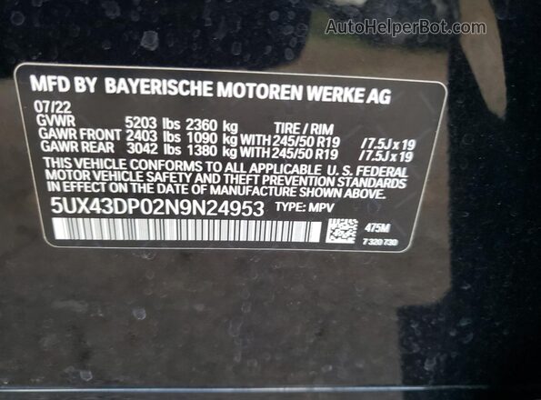 5UX43DP02N9N24953 2022 BMW X3 Black Вид наклейки з VIN-кодом