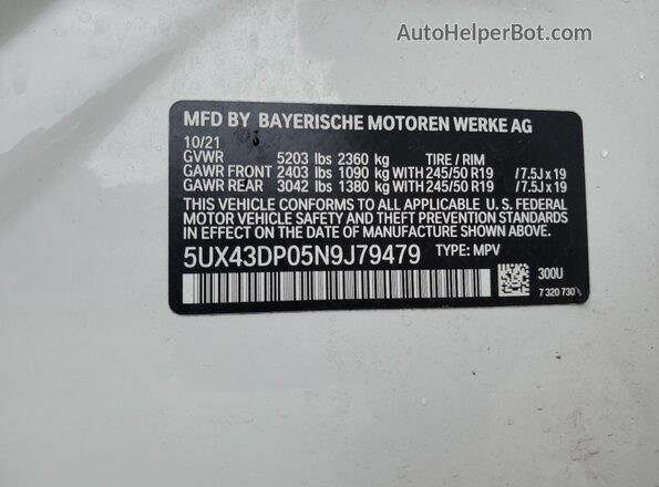 5UX43DP05N9J79479 2022 BMW X3 White Вид наклейки з VIN-кодом
