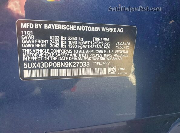 5UX43DP08N9K27038 2022 BMW X3 Blue Вид наклейки з VIN-кодом