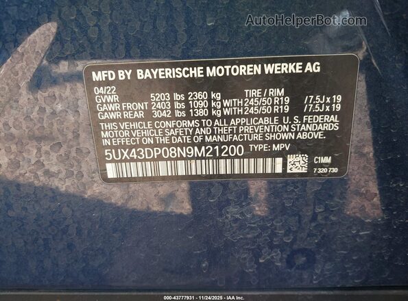 5UX43DP08N9M21200 2022 BMW X3 Blue Շարժիչի բաժամունքի տեսք