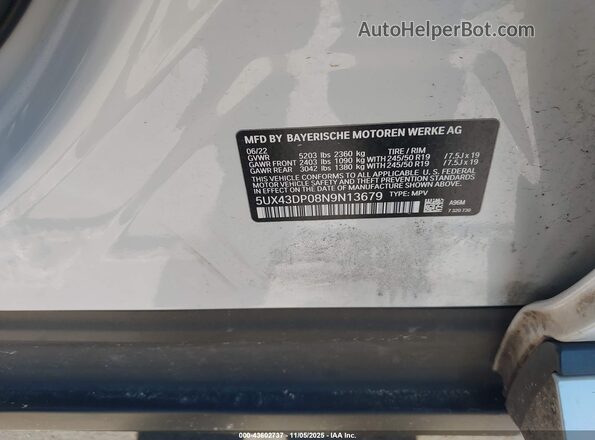 5UX43DP08N9N13679 2022 BMW X3 Белый Вид подкапотного пространства