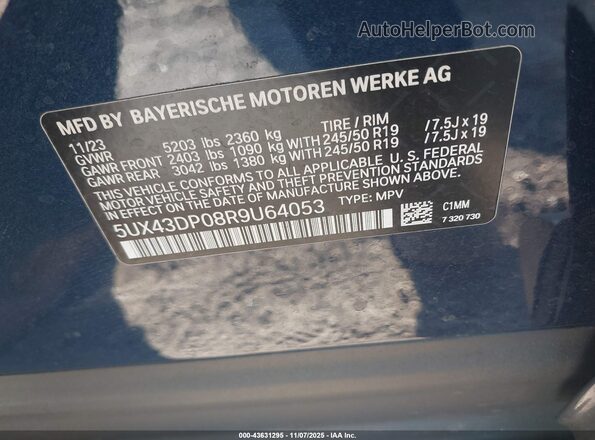 5UX43DP08R9U64053 2024 BMW X3 Blue Вид підкапотного простору