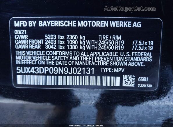 5UX43DP09N9J02131 2022 BMW X3 Black Widok komory silnika