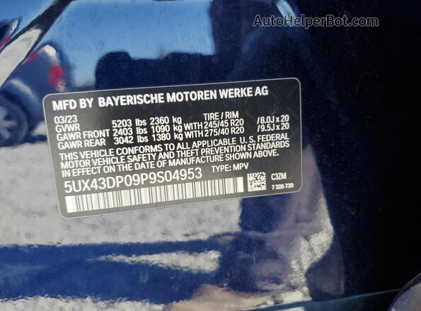 5UX43DP09P9S04953 2023 BMW X3 Blue Вид наклейки з VIN-кодом