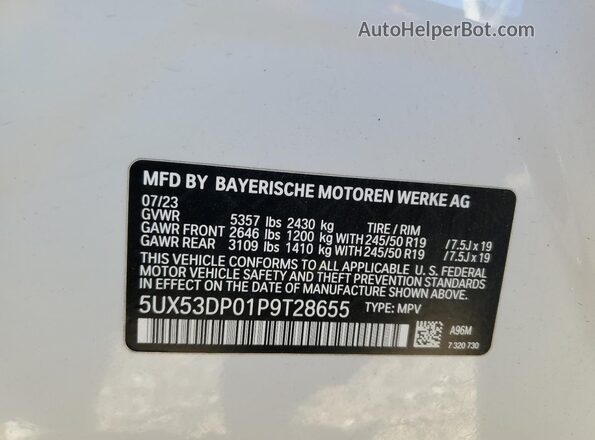 5UX53DP01P9T28655 2023 BMW X3 White Vista de la etiqueta del VIN