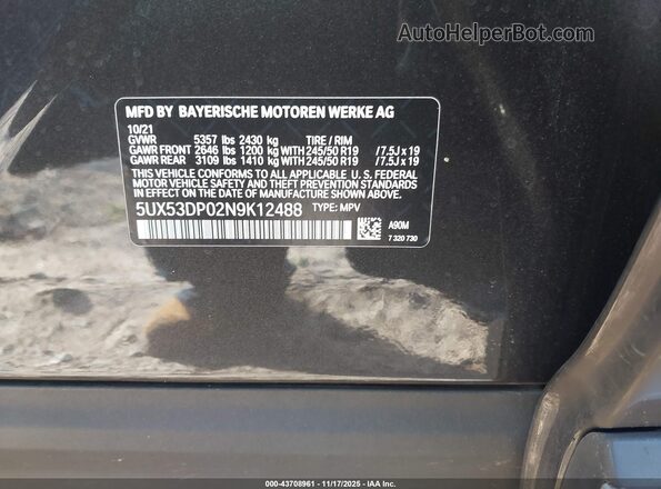 5UX53DP02N9K12488 2022 BMW X3 Black Engine compartment view