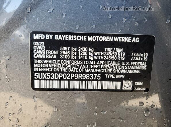 5UX53DP02P9R98375 2023 BMW X3 Silver Widok wnętrza 360 stopni